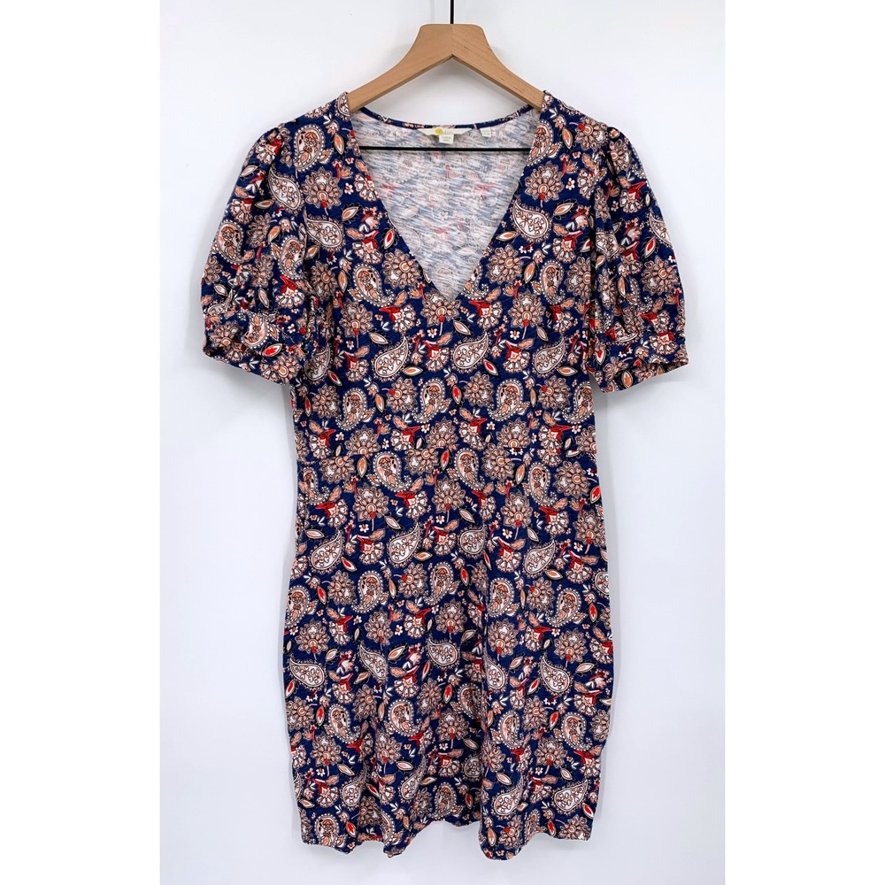 Boden Dress Women 8 Blue Paisley V-Neck Puff Sleeve Colorful Cotton Boho